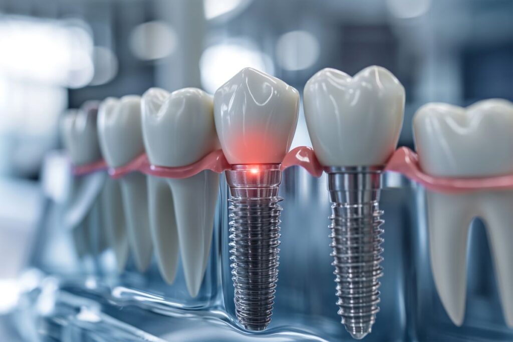 A computer-generated model of a jaw with dental implants